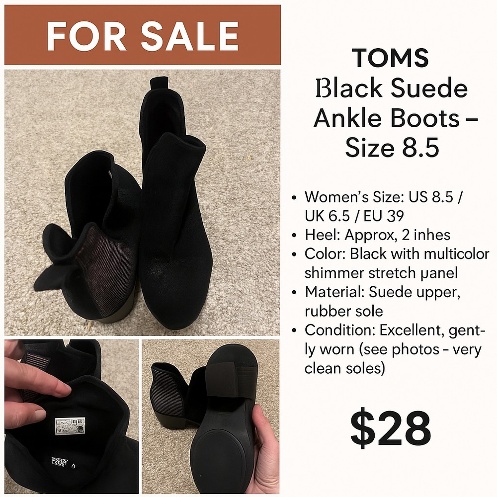 TOMS Black Suede Ankle Boots Classic Design